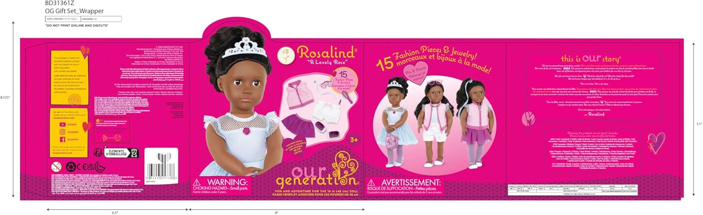 A Nossa Geração - Boneca Floral para Iniciantes de 46 cm - Rosalind - Cabelo e olhos castanhos escuros - 3 roupas e acessórios de estilo em caixa de oferta - Brincadeira de faz de conta - Brinquedos para crianças a partir dos 3 anos