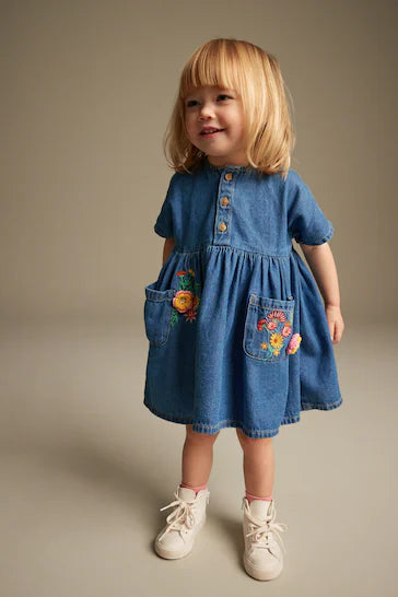 |BabyGirl| Vestido Descontraído De Algodão - Azul Jeans Bordado (3 meses a 8 anos)
