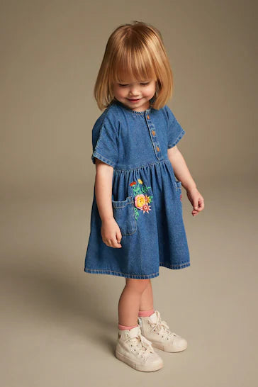 |BabyGirl| Vestido Descontraído De Algodão - Azul Jeans Bordado (3 meses a 8 anos)