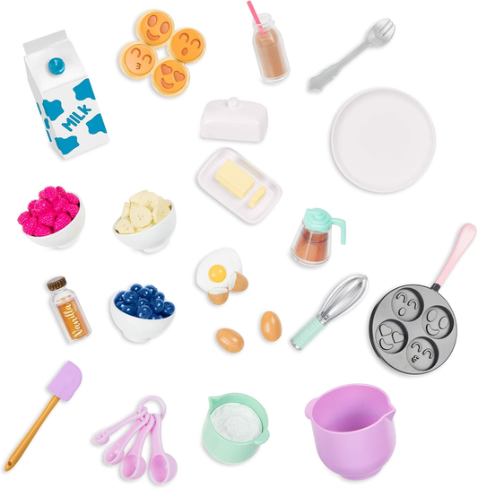 Conjunto Acordar com Sabor da Nossa Geração - Kit de Pequeno-Almoço com Panquecas para Bonecas de 18 Polegadas, Acessórios de Comida de Brinquedo Realistas, Conjunto de 23 Acessórios, Para Maiores de 3 Anos