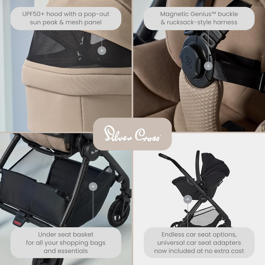 Silver Cross - Dune 2 Carrinho de Bebé Ultimate Bundle, First Bed Carrycot, Pacote de Acessórios, Cadeira Auto Dream i-Size e Motion All Size - Sistema de Viagem para Estilos de Vida Urbanos - Recém-nascidos a 4 Anos (22kg) - Mocha