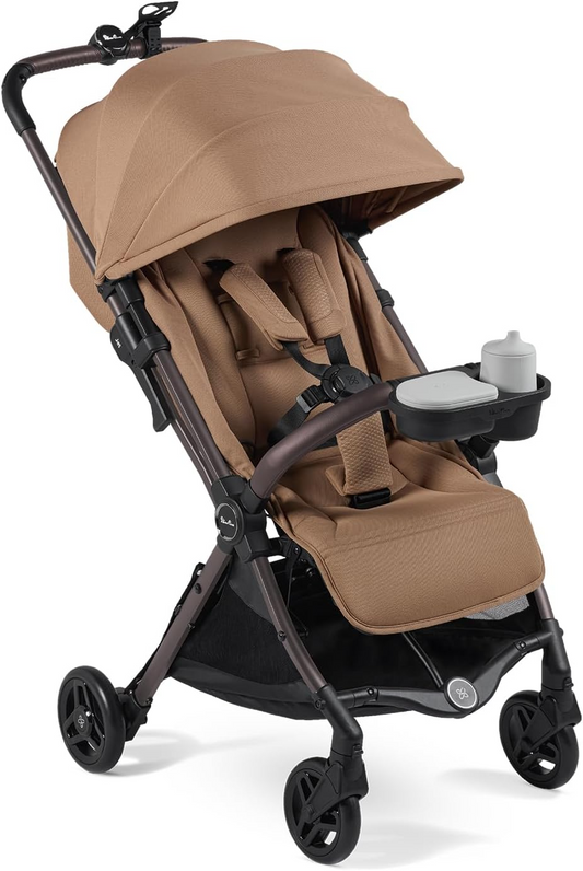 Silver Cross - Jet 5 Compact Carrinho de bebé e acessórios Bundle - Carrinho de viagem, tabuleiro para snacks, suporte para telefone e adaptadores para cadeira auto Dream - Carrinho dobrável - Recém-nascido a 4 anos - Canela