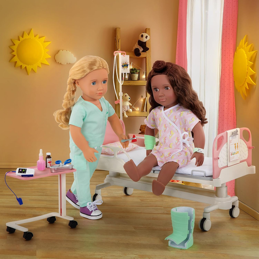 Our Generation Cama de Hospital para Bonecas – Conjunto de Médico – Vestido de Hospital, Estetoscópio, Kit Médico – Acessórios para Bonecas de 18 Polegadas – Brinquedos para Crianças a Partir dos 3 Anos – Cama para Melhoras