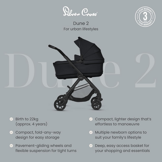 Silver Cross - Dune 2 Pushchair Ultimate Bundle, First Bed Carrycot, pacote de acessórios e cadeira auto Dream i-Size e base - Sistema de viagem para estilos de vida urbanos - Recém-nascido a 4 anos (22 kg) - Espaço