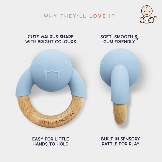 Conjunto de Mordedor de Mordedor de Mordida Little Giggles Co.® Walrus - Anel de Silicone para Mordida e Chocalho para Bebé, Brinquedos Sensoriais e de Dentição de Fácil Aderência, Artigos Essenciais e Presentes para Bebé Lindamente Feitos