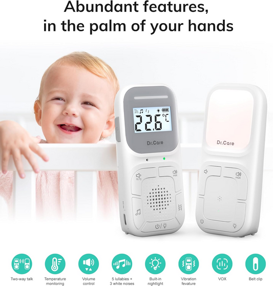 Dr.Care Neo Audio Baby Monitor – pré-emparelhado, conversação bidirecional, VOX, luz noturna, canções de embalar, alerta vibratório, alcance de 300 metros, altifalante e microfone, clipe portátil, sem WiFi