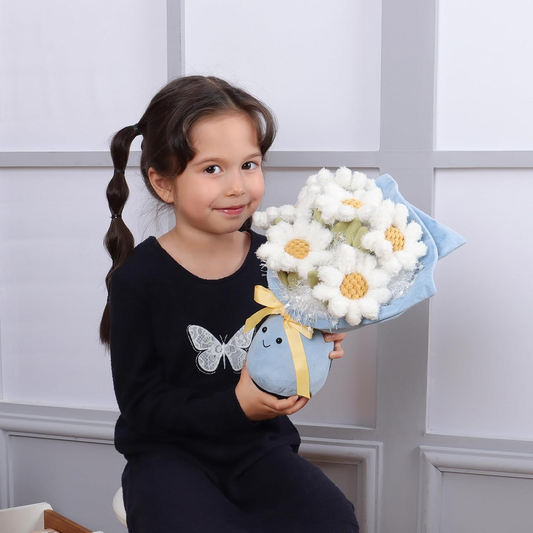 Bichos de peluche de bouquet de margaridas românticas de cordeiro damasco para crianças, brinquedos de peluche fofos e macios para bebés, menina e menino, bouquet de margaridas românticas fofas brancas de 11,5 polegadas