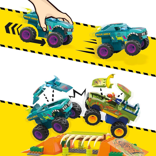 Mega Hot Wheels Monster Trucks Building Toy, Smash & Crash Wrex Boneyard Stunt Course com 332 peças, 2 figuras e 2 rampas, crianças de 5 anos ou mais, HKF89