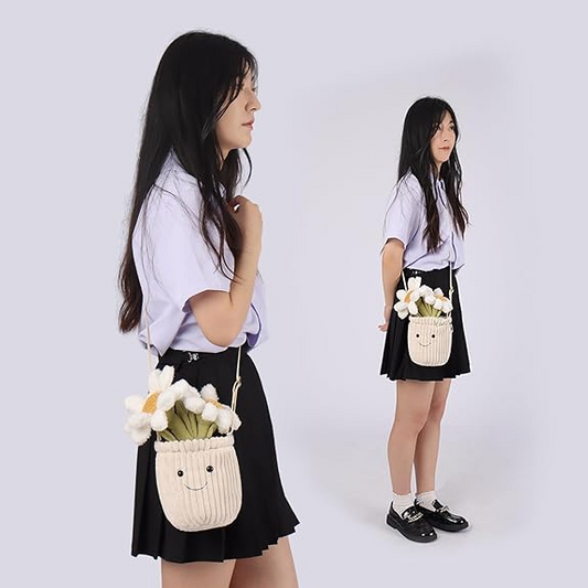 Bolsa de ombro com flor de margarida em vaso de cordeiro damasco, bolsa de pelúcia transversal para adultos e adolescentes, meninos e meninas, bolsa de ombro de bicho de pelúcia, bolsas de moda para crianças e adultos, 10,7 polegadas