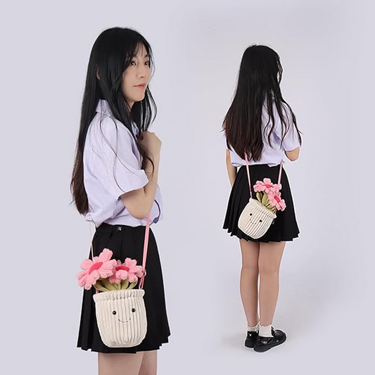 Bolsa de ombro com planta de girassol em vaso de cordeiro damasco, bolsa de pelúcia transversal para adultos e adolescentes, meninas e meninos, bolsa de ombro de bicho de pelúcia, bolsas de moda para crianças e adultos, 10,7 polegadas