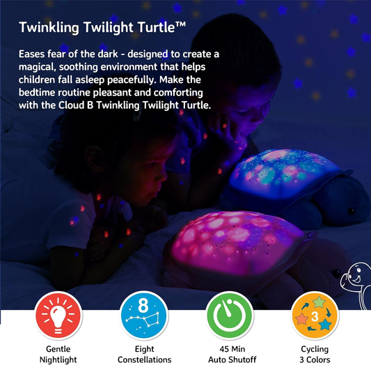 Galaxy Cloud b Twinkling Twilight Turtle Pink Luz de presença e projetor | 8 Constelações | Máquina de ruído branco calmante Baby Star Nightlight | Alivia o medo do escuro, peluche, desligar automático