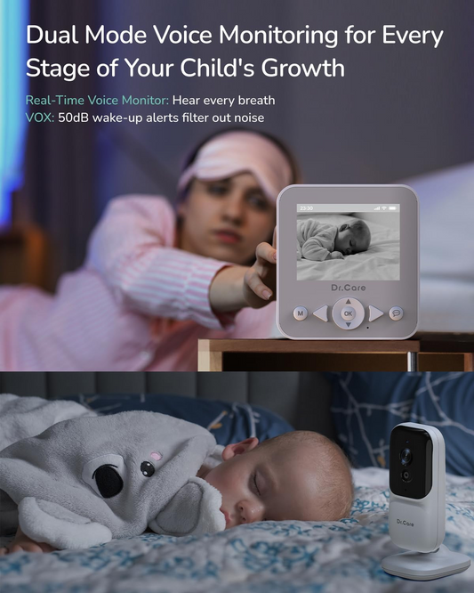 Dr.Care NeoView Baby Monitor com câmara e visão noturna, ecrã de 2,8” 1500mAh, áudio bidirecional, alcance de 300 m, modo VOX, sensor de temperatura, canções de embalar, gravação em loop, clipe para cinto, suporta até 128 GB