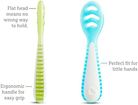 Colheres de Introdução Alimentar em Estágios Munchkin Gentle Dip | Para Bebês a partir de 4 Meses | Ideal para Baby-Led Weaning (BLW) | Design Ergonômico | Livre de BPA | Azul e Verde | Kit com 3