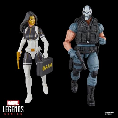 Figuras de ação da Madame Máscara e Ossos Cruzados da série Marvel Legends, nas cores dourada, preta e vermelha.