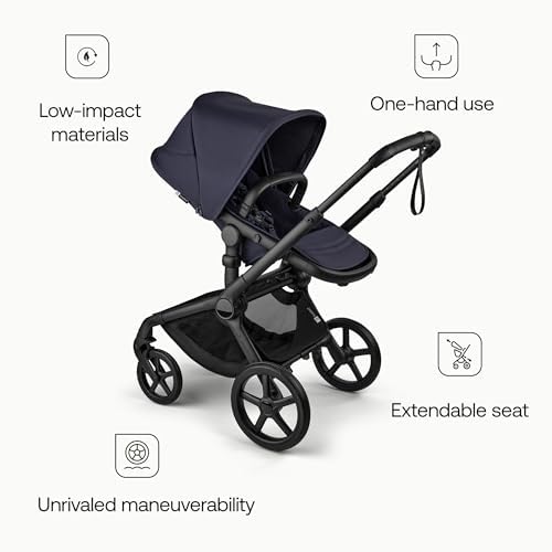 Bugaboo Carrinho de Bebê Fox 5 Renew All-Terrain, 2 em 1, com Suspensão Total, Fácil de Dobrar, Assento Extensível para Crianças, Manobrabilidade com Uma Só Mão, Chassi Preto e Capota Azul Índigo.