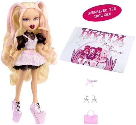 Bratz Boneca Stylin’ Birthdayz – Cloe com roupa de festa em camadas (incluindo camiseta unissex tamanho GG), salto alto e bolsa rosa, camiseta com estampa gráfica, embalagem com tema de aniversário – Coleção Stylin’ Birthdayz