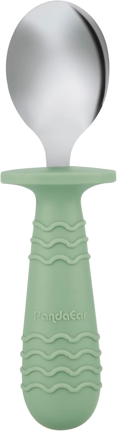 PandaEar Conjunto de Talheres Infantis com 6 Peças | Conjunto de Garfo e Colher para Bebê | Talheres Infantis em Aço Inoxidável | Talheres para Bebês a partir de 12 Meses com Suporte de Silicone (Azul, Verde e Marrom)