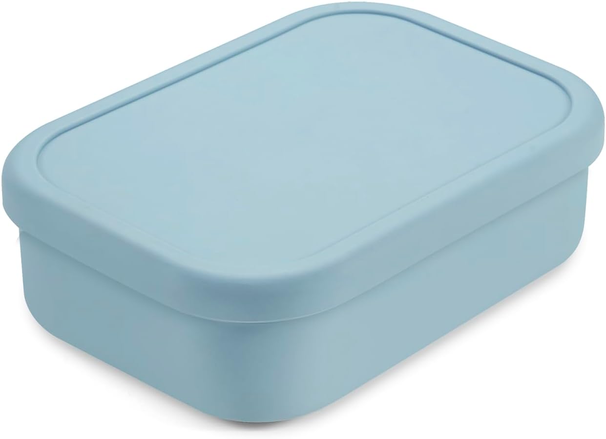 PandaEar Lancheira Bento de Silicone para Crianças, 3 Compartimentos, À Prova de Vazamentos e Livre de BPA, Pode Ser Usada no Micro-ondas e na Lava-louças (Azul)
