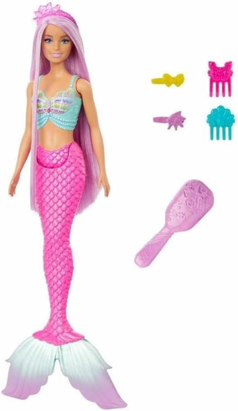Muñeca Barbie Sirena con cabello de fantasía rosa de 7 pulgadas de largo y coloridos accesorios estilo juego como diadema y clips, HRR00