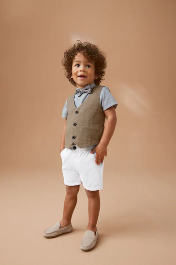 |Niño| Conjunto de chaleco, camisa, pantalón corto y pajarita marrón claro (3 meses a 9 años)