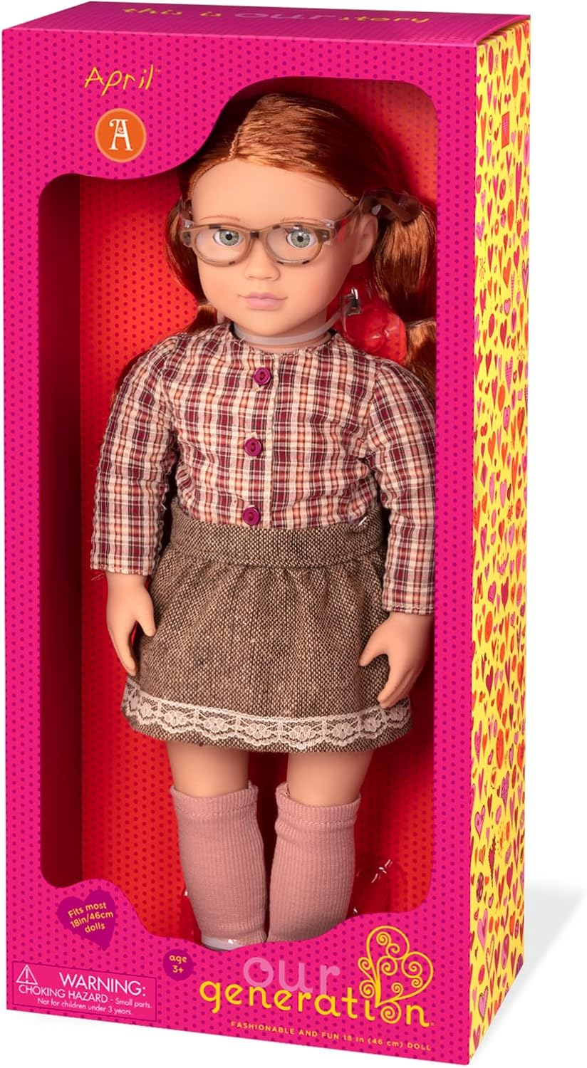 A nossa geração April Doll, brinquedo de brincar para crianças, boneca escolar de 45 cm para meninas, com lindos cabelos ruivos compridos e conjunto de roupa de 6 peças - perfeita para brincadeiras criativas e aventuras imaginativas