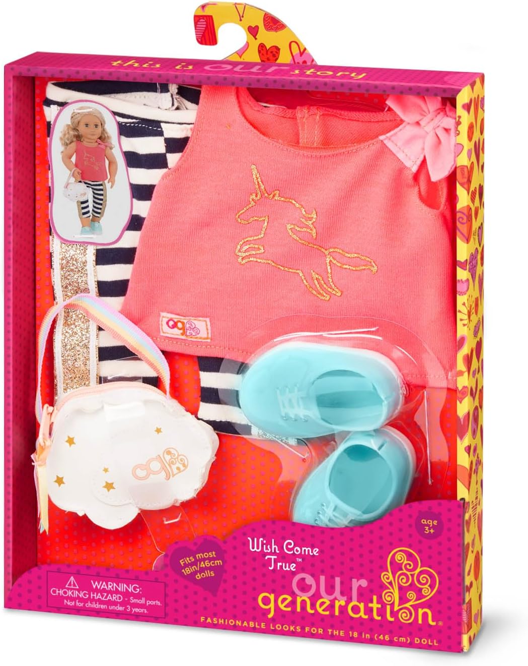Nossa Geração Desejo Realizado – Conjunto de Moda Unicórnio Brilhante para Bonecas de 18 Polegadas – Conjunto de Roupas de 4 Peças
