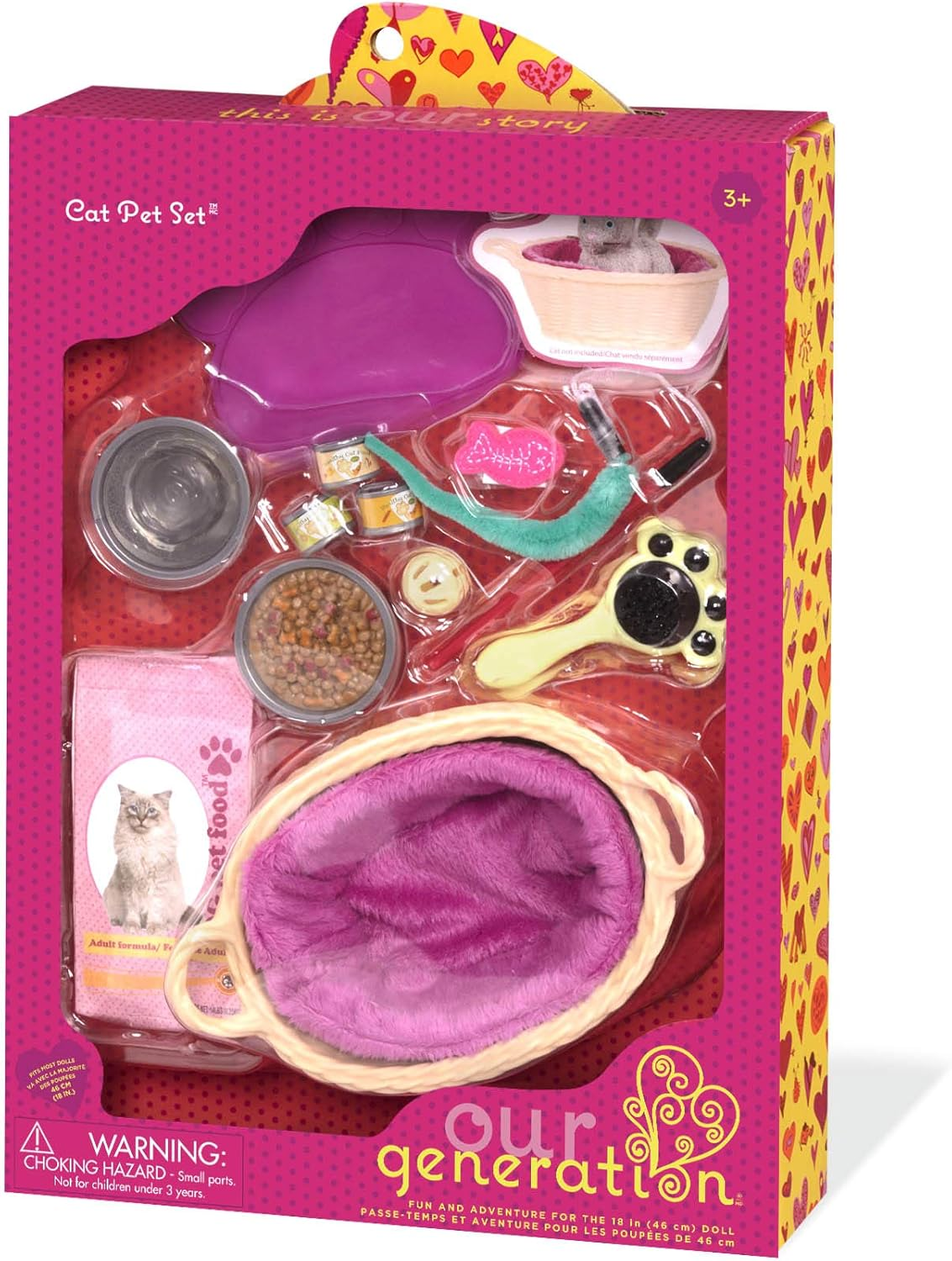 Conjunto de acessórios para gatos Our Generation Cat Pet – Acessórios para cuidados com gatos de estimação para bonecas de 45 cm – Conjunto de 13 acessórios para animais de estimação