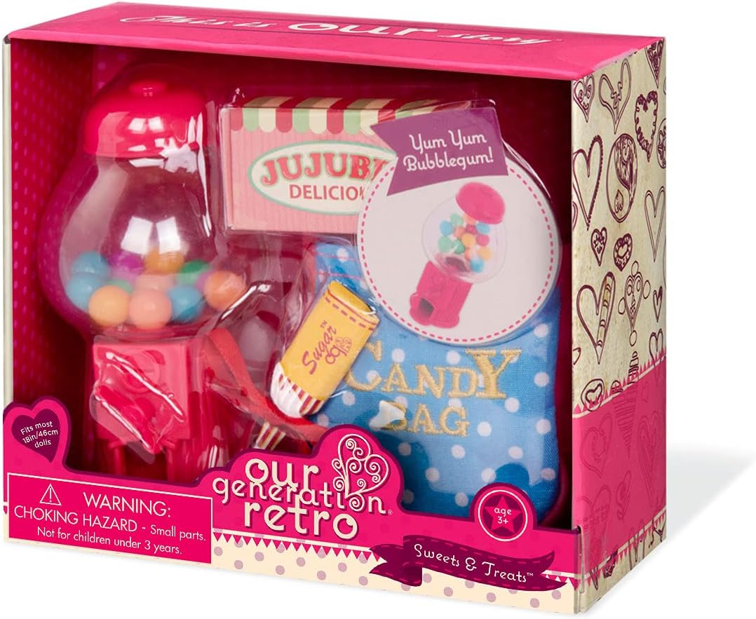 Conjunto de doces retro Our Generation - Máquina de gomas - Acessórios para bonecas de 46 cm - Jogo de fantasia - Brinquedo para crianças a partir dos 3 anos - Doces e guloseimas