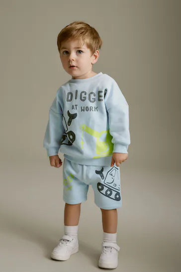 |Niño| Conjunto de sudadera y pantalones cortos de punto de Placement Character - Light Blue Digger (3 meses - 7 años)