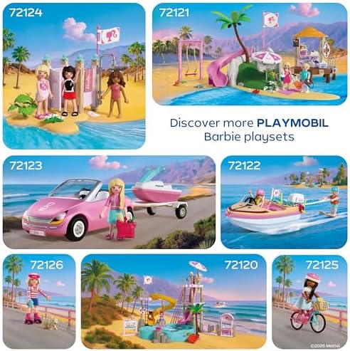 Playmobil | Barbie x Barbie Beach Café | Aventura de Verão com Barbie e Ken | Com Balanço, Escorregador e Animais | Conjunto Criativo para Crianças a partir de 4 Anos | 72121