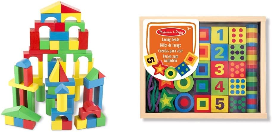 Melissa & Doug 100 blocos de construção de madeira | Brinquedo de desenvolvimento | Blocos e construção de brinquedo | Idade 2+ | Conjunto de 100 peças|Presente para menino ou menina