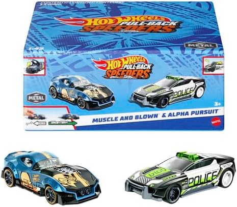 Hot Wheels Conjunto de 2 carros de brinquedo Pull-Back Speeders em escala 1:43, puxa carros para trás e solta, alto desempenho, colecionável, com motor Rolomatic ou porta ou capô que abre, os modelos podem variar, HPR91