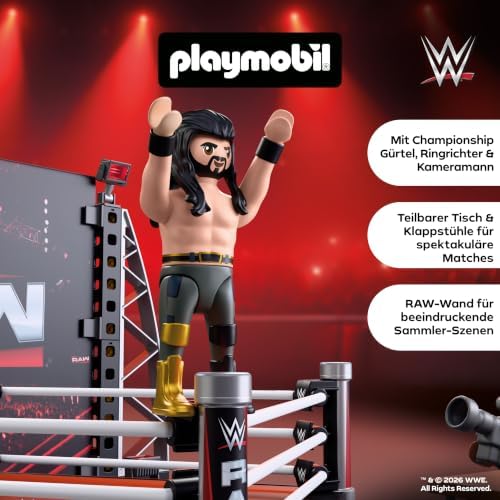 Playmobil | WWE® | Conjunto de Colecionador Ringue WWE RAW | Ringue de Luta Livre com CM Punk, Seth Rollins, Árbitro, Cinegrafista e Acessórios | Para Fãs a Partir de 5 Anos | 71956