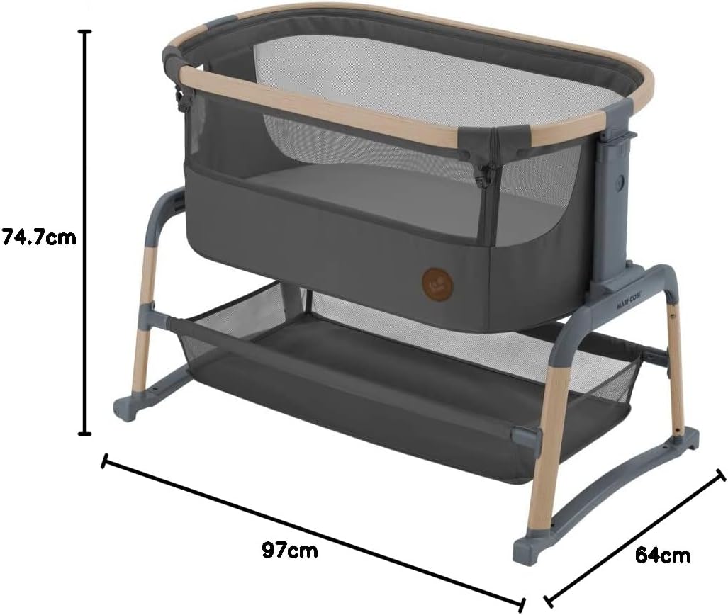 Maxi-Cosi Berço Iora Air Co Sleeper, berço de cabeceira de malha versátil, 0–6 meses (9 kg), modo de balanço, 4 posições de inclinação e 5 posições de altura, deslizamento fácil, fácil de transportar, Eco Care, 2 rodas, além Grafite