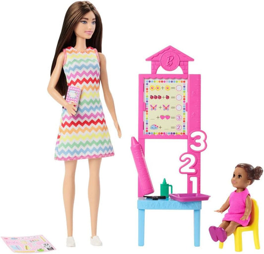 Barbie Boneca Professora (Loira), Boneca Infantil (Morena), Prancheta Flip, Laptop, Mochila, Escrivaninha Infantil, Tartaruga de Estimação, Ótimo Presente Boneca Barbie Professora com Moda Morena e Vestido Estampado, 1 Criança HCN19, JCR76