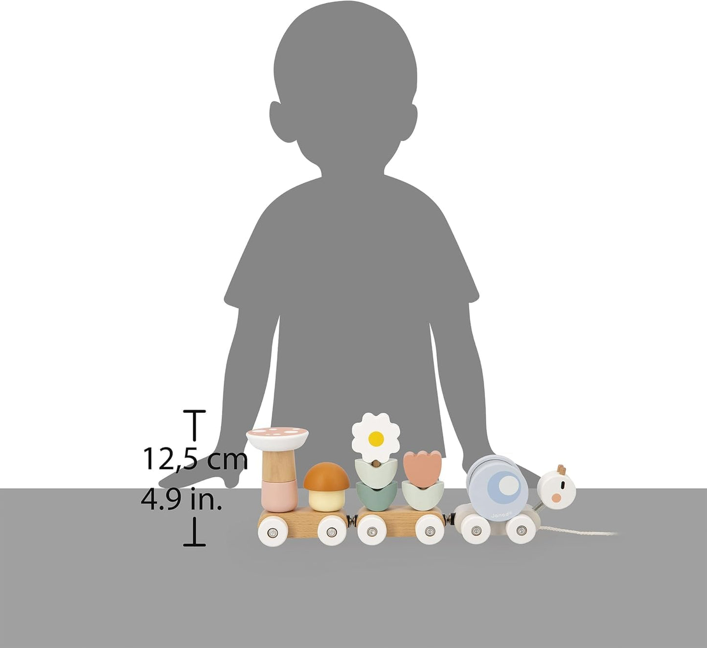 Janod - Trem de madeira para puxar - Caracol - 2 vagões e 10 peças, incluindo chocalho removível - Brinquedo para puxar - Madeira FSC e tinta à base de água - Habilidades motoras finas - A partir de 12 meses
