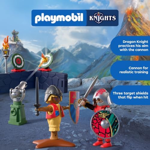 Playmobil | Cavaleiros | Treinamento de Cavaleiro do Dragão | Campo de treinamento com canhão, alvos, boneco de palha e armas | Para crianças a partir de 4 anos | 72213