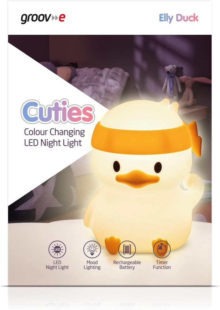 Groov-e  Cuties - Ella Duck - Luz noturna LED que muda de cor com temporizador de 30/60 minutos - 7 cores - Toque para usar - Bateria recarregável de 12 horas ou alimentada por USB - para bebês, crianças pequenas e crianças