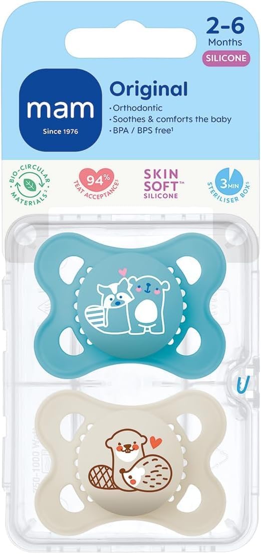MAM Chupeta Original Pure 2-6 meses (conjunto de 2), chupeta para bebê feita de material sustentável e biorrenovável, tetina de silicone SkinSoft, com estojo para chupeta MAM, azul/creme