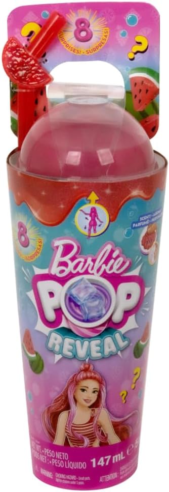 Barbie Boneca Pop Reveal Fruit Series, tema Watermelon Crush com 8 surpresas, incluindo animais de estimação e acessórios, lodo, perfume e mudança de cor, HNW43
