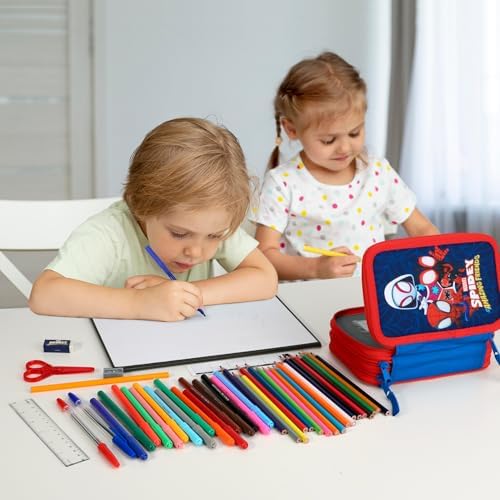 Estojo grande de 3 camadas Marvel Spidey e seus Incríveis Amigos para Lápis, com Vários Compartimentos para Material Escolar, Canetas Coloridas e Conjuntos de Lápis.