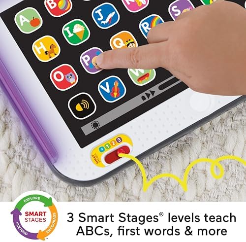 Fisher-Price Brinquedo educativo infantil Laugh & Learn Smart Stages Tablet Computador de Brincadeira com Música e Luzes para Crianças a partir de 1 Ano, Versão em Inglês do Reino Unido, JNH90