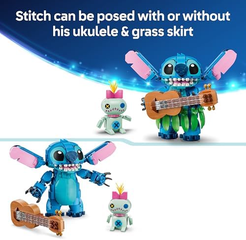 LEGO | Disney Stitch & Scrump Brinquedo - 2 Figuras com Acessórios, incluindo um Ukulele para Decoração de Quarto Infantil - Ideia de Presente de Aniversário para Meninas e Meninos a partir de 9 Anos e Fãs do Filme - 43296