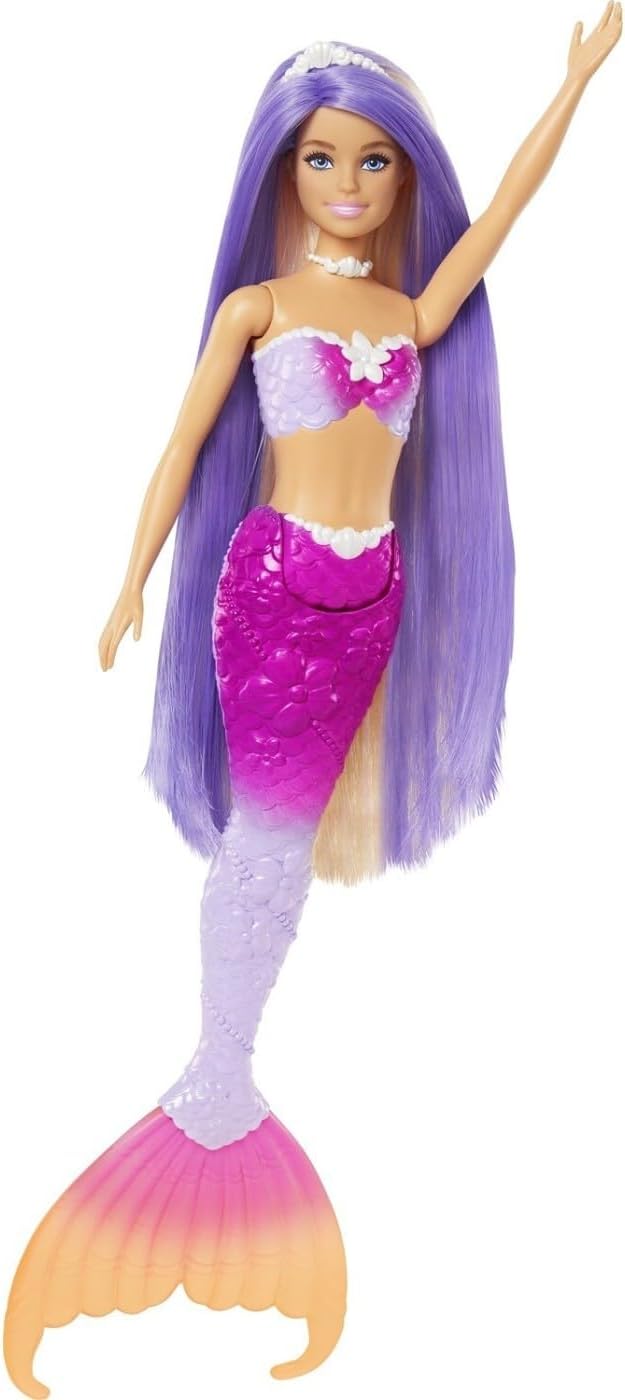 Muñeca Barbie Sirena, “Malibu” con cabello rosado, accesorios de peinado,  delfín mascota y función de cambio de color activada por agua, HRP97