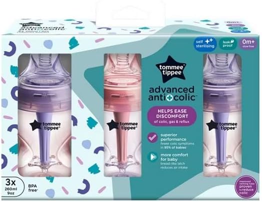 Tommee Tippee Mamadeira Advanced Anti-Cólica, 260 ml, bico tipo peito de fluxo lento para uma pega natural, varinha anti-cólica com três saídas, pacote com 3, roxo/rosa