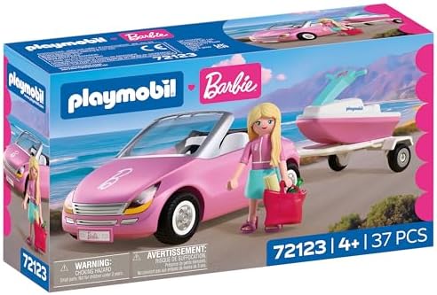 Playmobil | Barbie | Conversível | Carro Conversível com Reboque e Jet Ski | Aventura de Verão com a Barbie na Costa de Malibu | Diversão com Veículo e na Água | Conjunto Criativo para Crianças a partir de 4 Anos | 72123