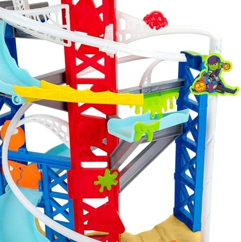 Conjunto de Pista de Construção Caótica do Homem-Aranha e Seus Incríveis Amigos da MARVEL - Pista de corrida dupla de 60 cm de altura com tirolesa, áreas de recreação e veículos exclusivos.