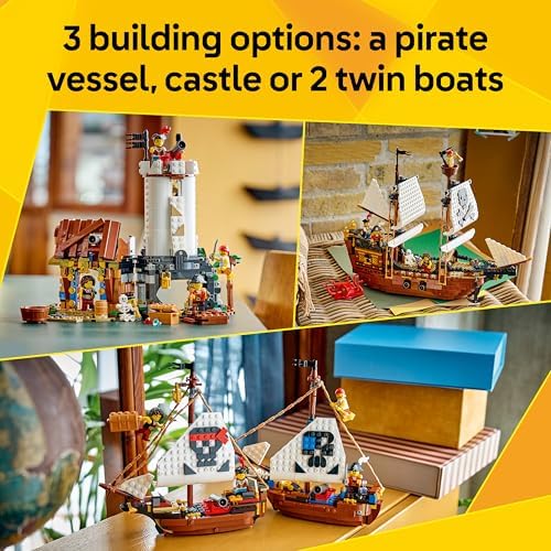LEGO Creator 3 em 1 Navio Pirata Icônico - Kit de Modelo que se Transforma em um Castelo ou 2 Barcos Gêmeos - Ideia de Decoração para Quarto Infantil - Presente de Aniversário para Meninos e Meninas a partir de 9 Anos - 31387