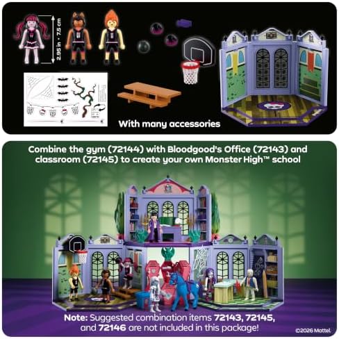 Playmobil | Monster High™ | Quadra de Casketball Monster High | Conjunto de Ginásio Esportivo com Draculaura, Clawd Wolf, Heath Burns e Ação de Basquete | Para Fãs a Partir de 5 Anos | 72144