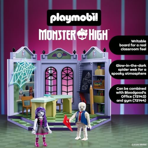 Playmobil | Monster High™ | Sala de Aula Monster High | Conjunto de Sala de Aula com Sr. Mummy, Spectra Vondergeist, Lousa e Teia de Aranha que Brilha no Escuro | Para Fãs a Partir de 5 Anos | 72145